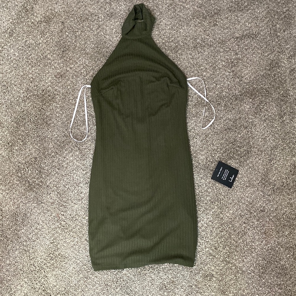 Green, open back mini dress